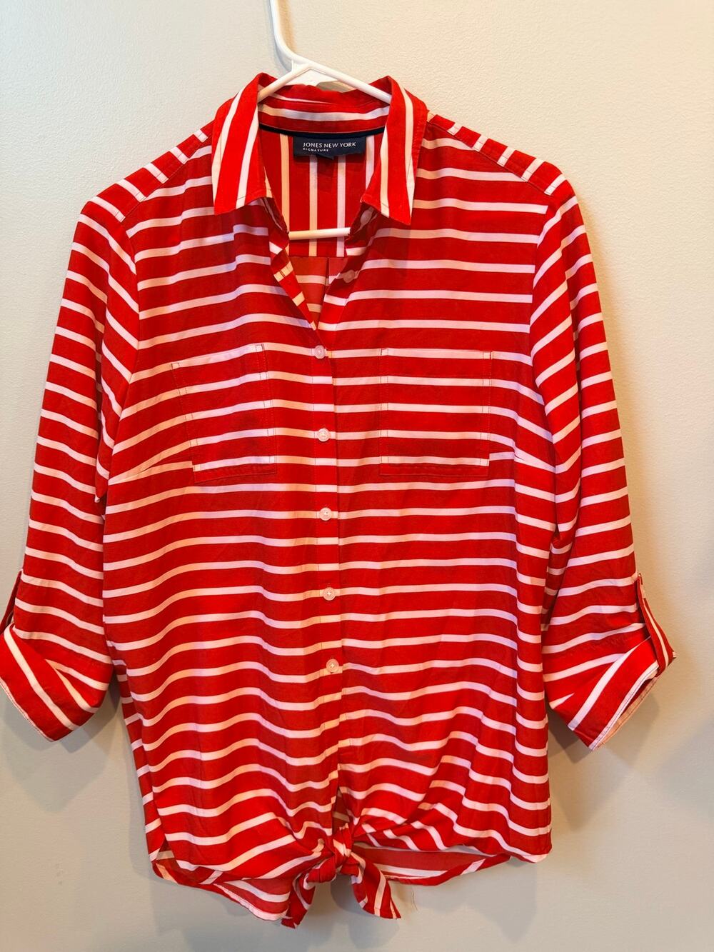 Jones New York Sig Red White Striped Tie Front Button Down Shirt Roll Tab Medium